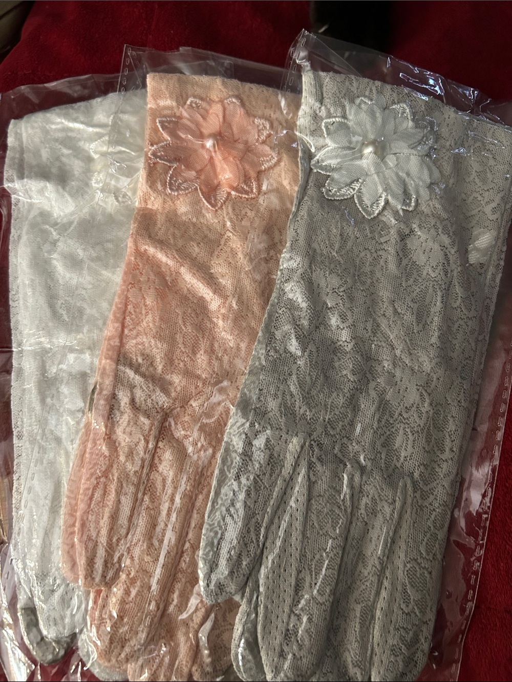 3pr Lace Floral Applique Gloves - White, Peach, Gray